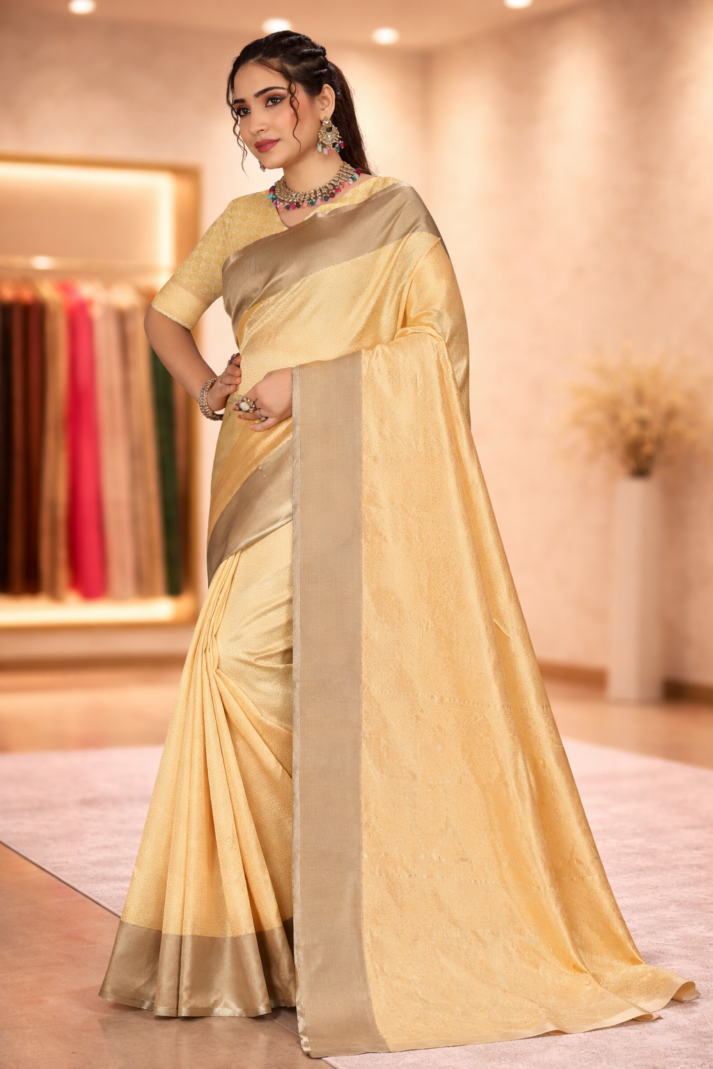 Model standing gracefully in a pastel light chikoo beige woven silk saree