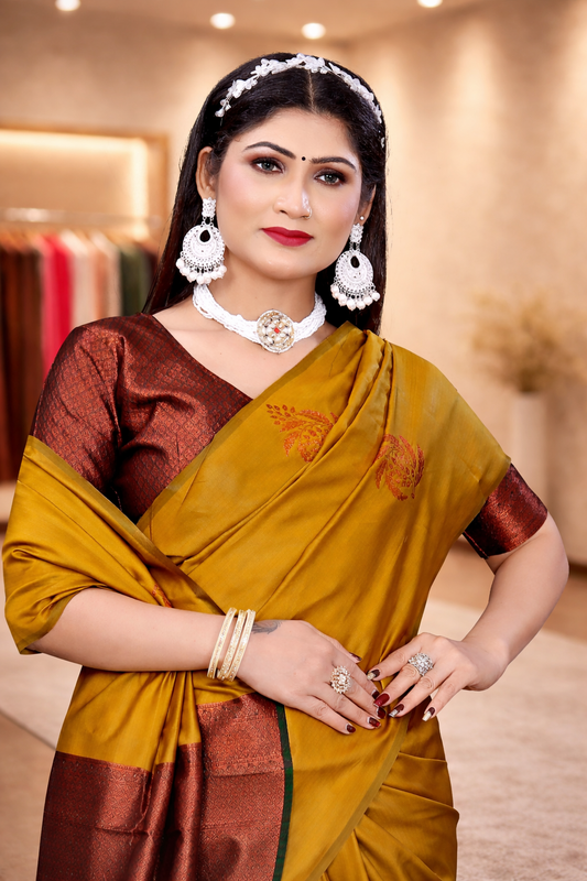 Close-up of a mustard yellow silk saree featuring copper leaf motifs paired with a matching rich copper brocade blouse.