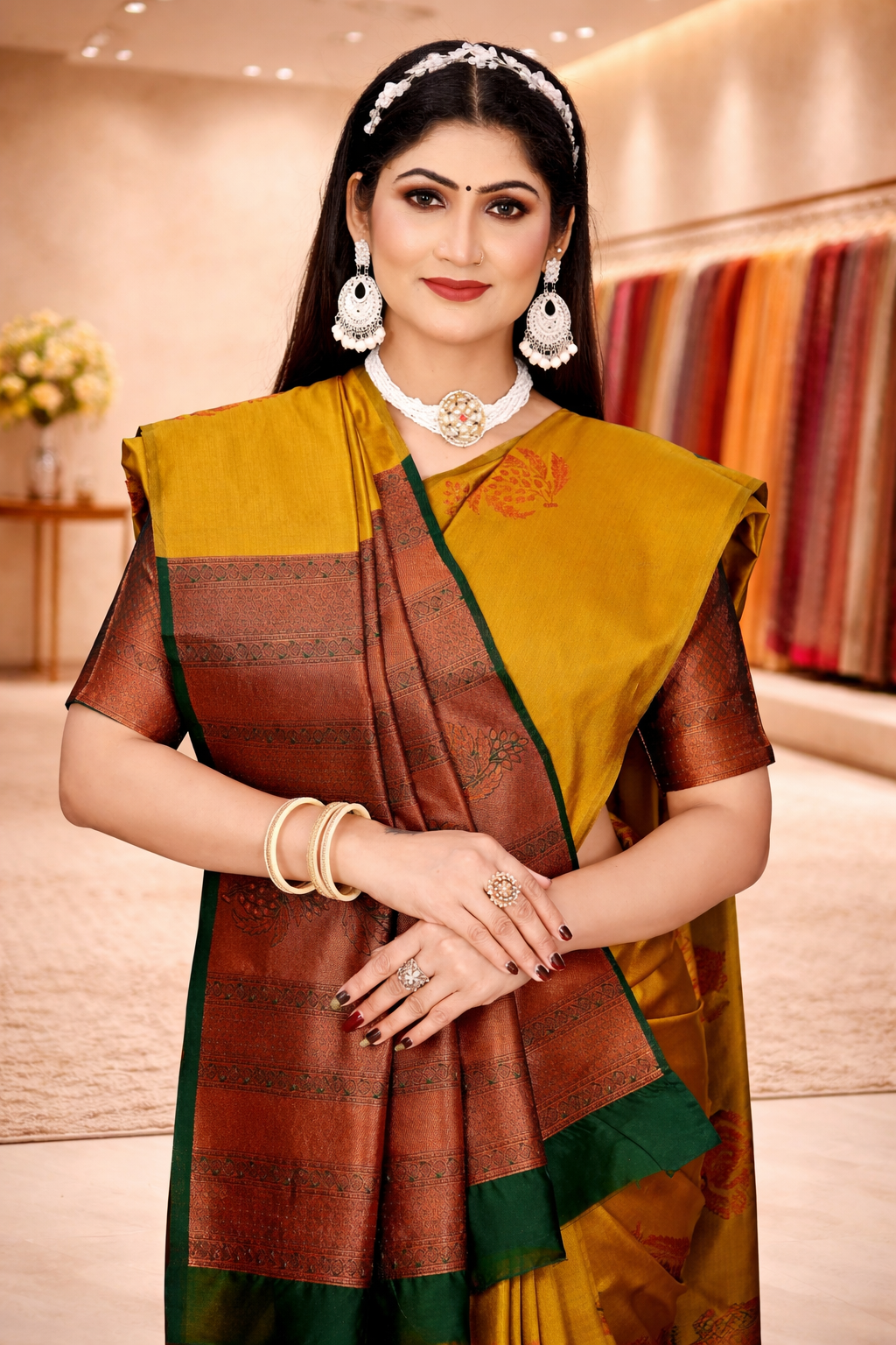 Beautiful woman wearing a Saree Sales mustard yellow silk saree with a heavy copper zari pallu gracefully draped over the shoulder.