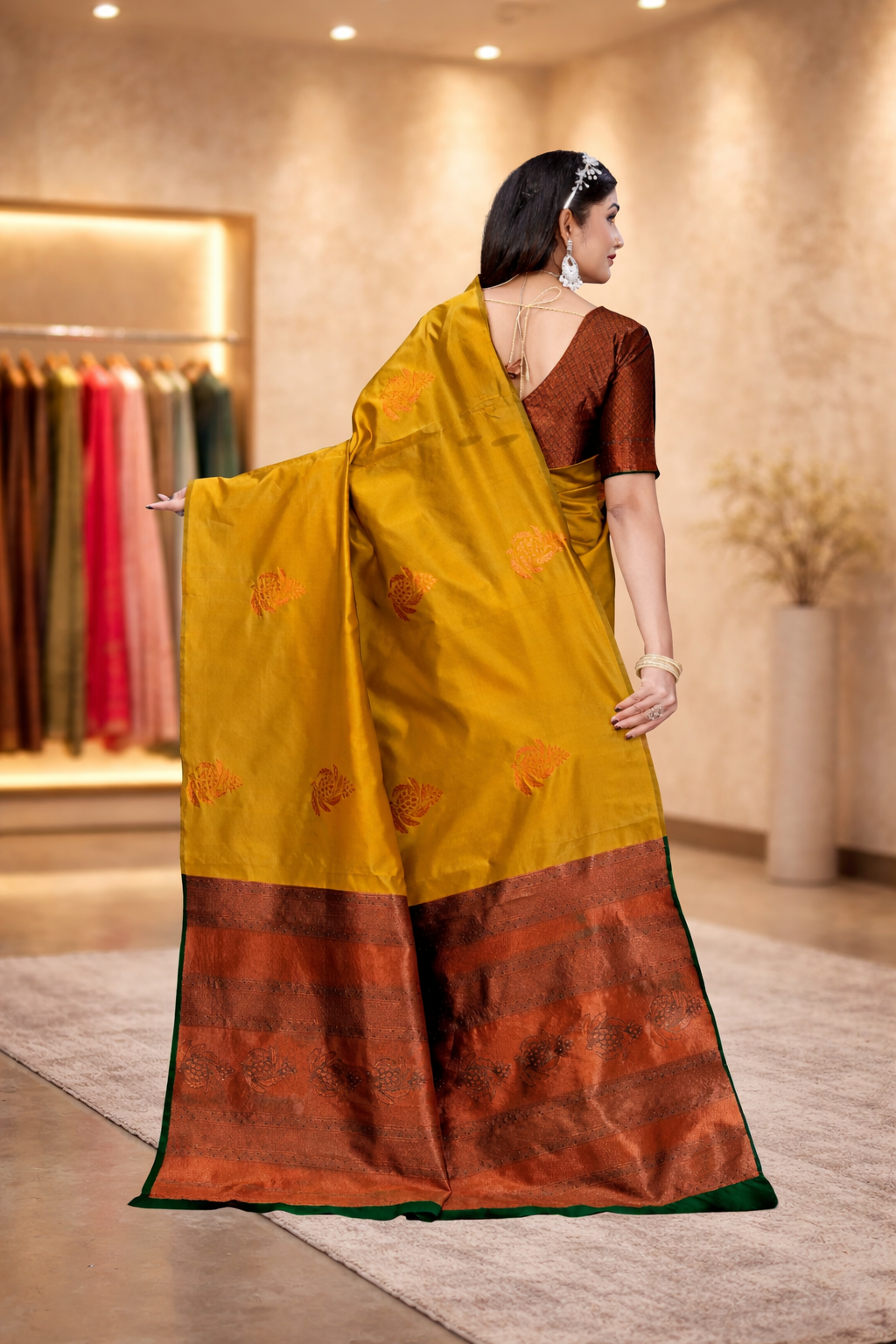 Back view showcasing the intricate copper zari pallu and woven motifs of a premium mustard yellow silk saree.