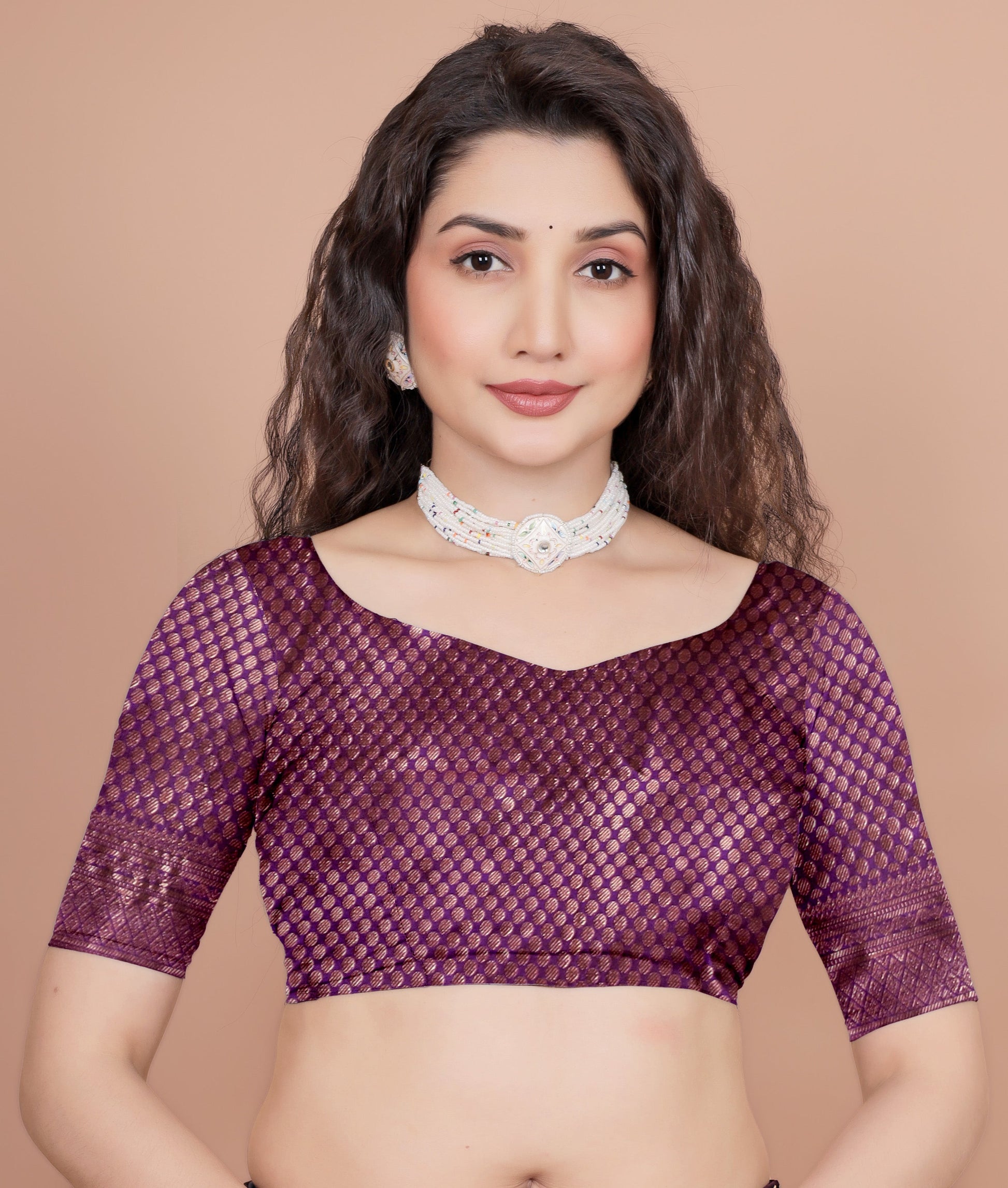 Front close up of unstitched wine color geometric patterned blouse piece