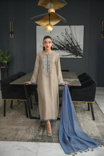 Premium Beige & Blue Embroidered Chanderi Silk Suit Set with Chinon Dupatta