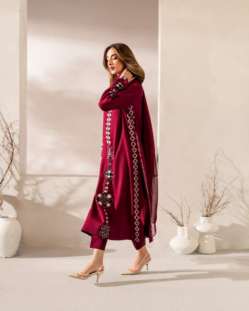 Premium Deep Maroon Geometric Embroidered Kurti & Pant Set with Dupatta