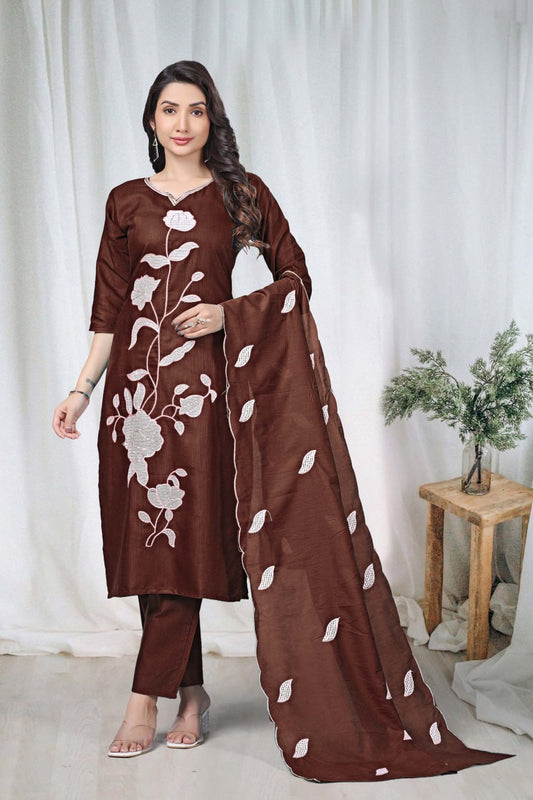 Premium Chocolate Brown Floral Embroidered Vertical Cotton Suit Set