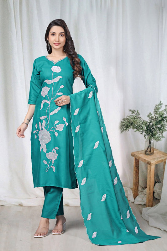 Premium Teal Green Floral Embroidered Vertical Cotton Suit Set