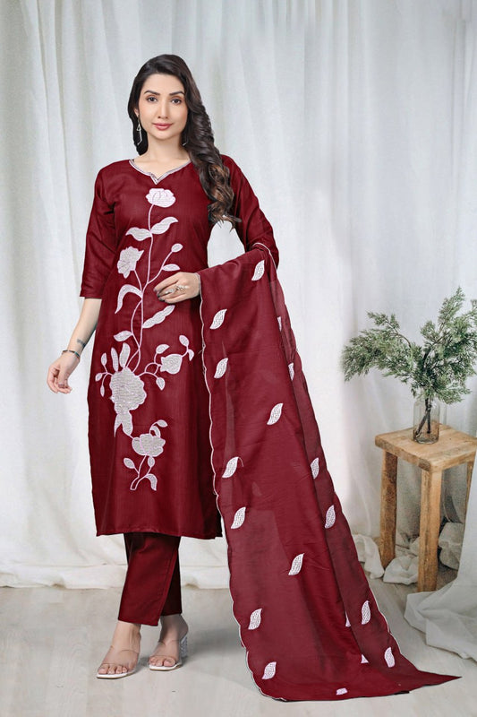 Premium Maroon Floral Embroidered Vertical Cotton Suit Set