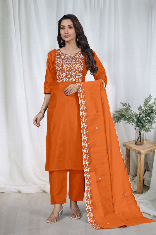 Premium Orange Embroidered Vertical Cotton Suit Set with Scalloped Dupatta