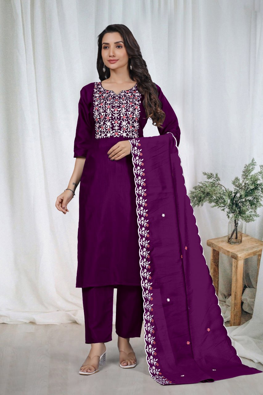 Premium Deep Purple Embroidered Vertical Cotton Suit Set with Scalloped Dupatta
