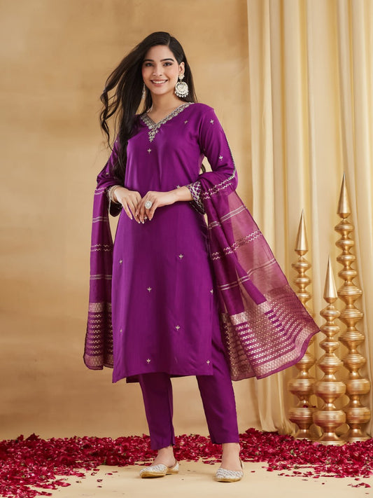 Premium Deep Purple Embroidered Viscose Rayon Suit Set with Chanderi Jacquard Dupatta