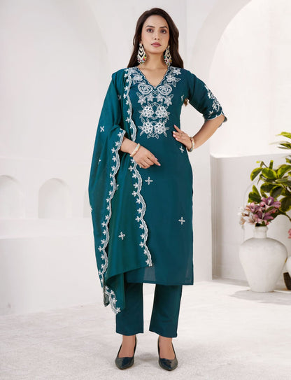 Premium Dark Teal Embroidered Roman Silk Suit Set with Chanderi Dupatta