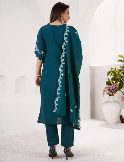Premium Dark Teal Embroidered Roman Silk Suit Set with Chanderi Dupatta