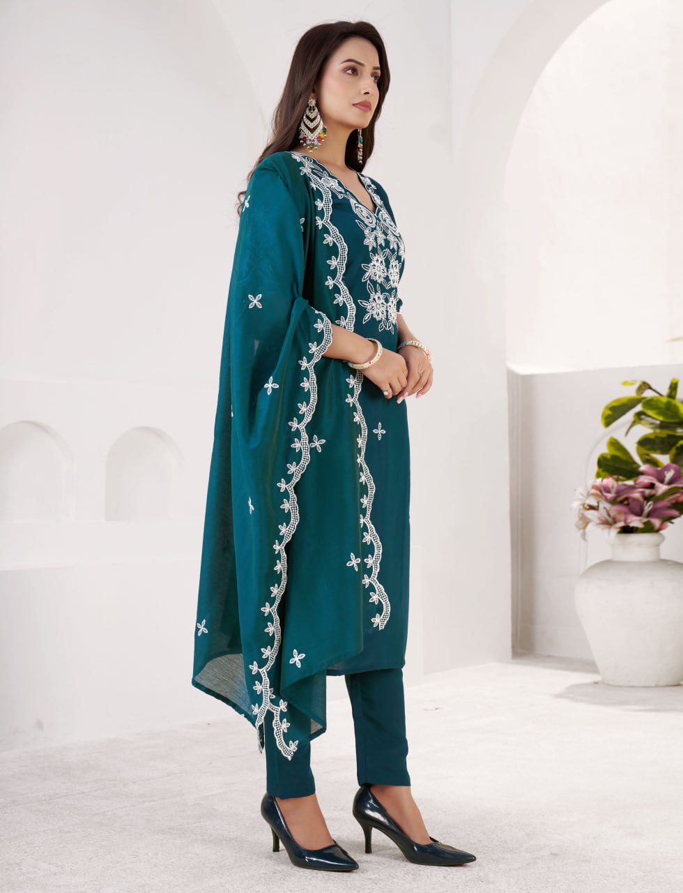 Premium Dark Teal Embroidered Roman Silk Suit Set with Chanderi Dupatta