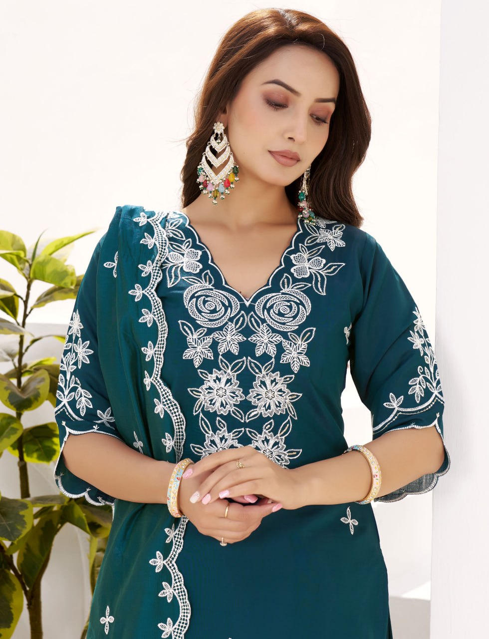 Premium Dark Teal Embroidered Roman Silk Suit Set with Chanderi Dupatta
