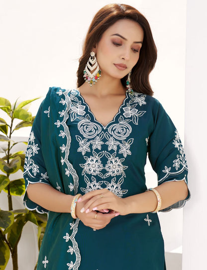 Premium Dark Teal Embroidered Roman Silk Suit Set with Chanderi Dupatta