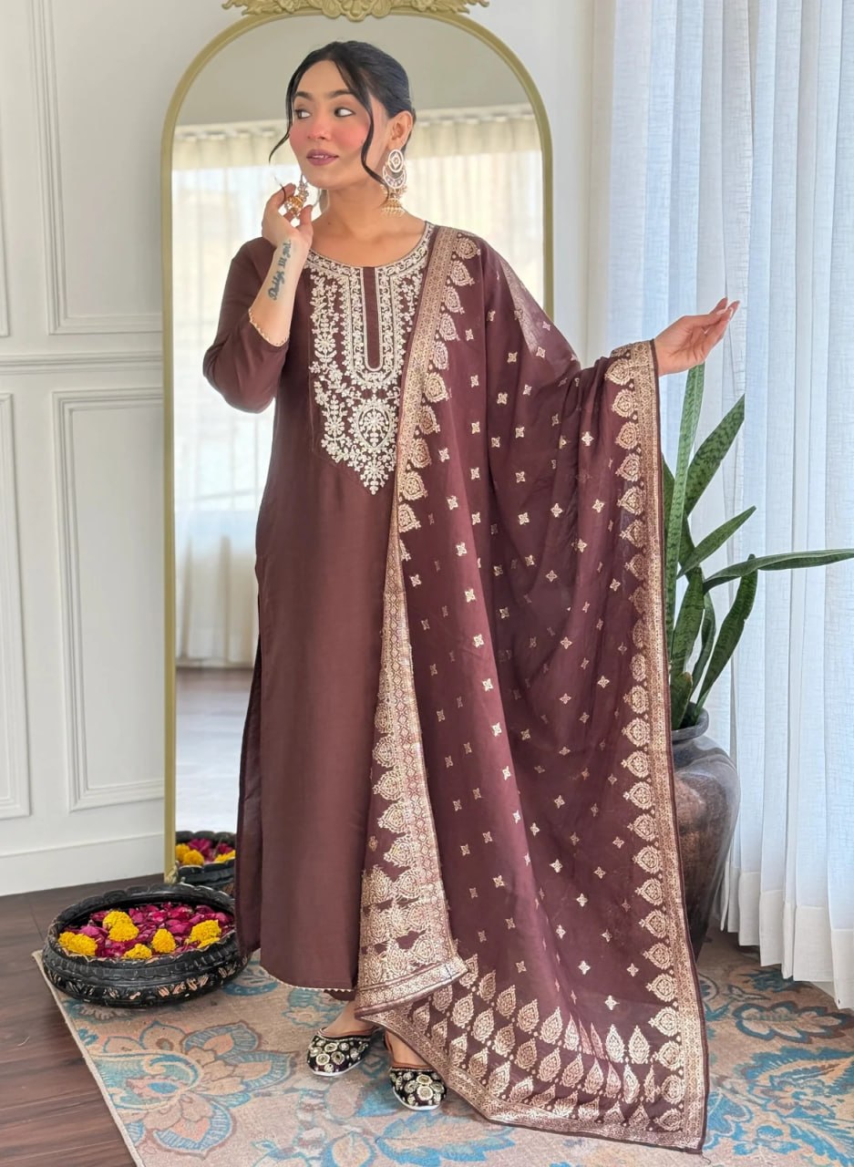 Premium Chocolate Brown Embroidered Cotton Blend Suit Set with Jacquard Dupatta