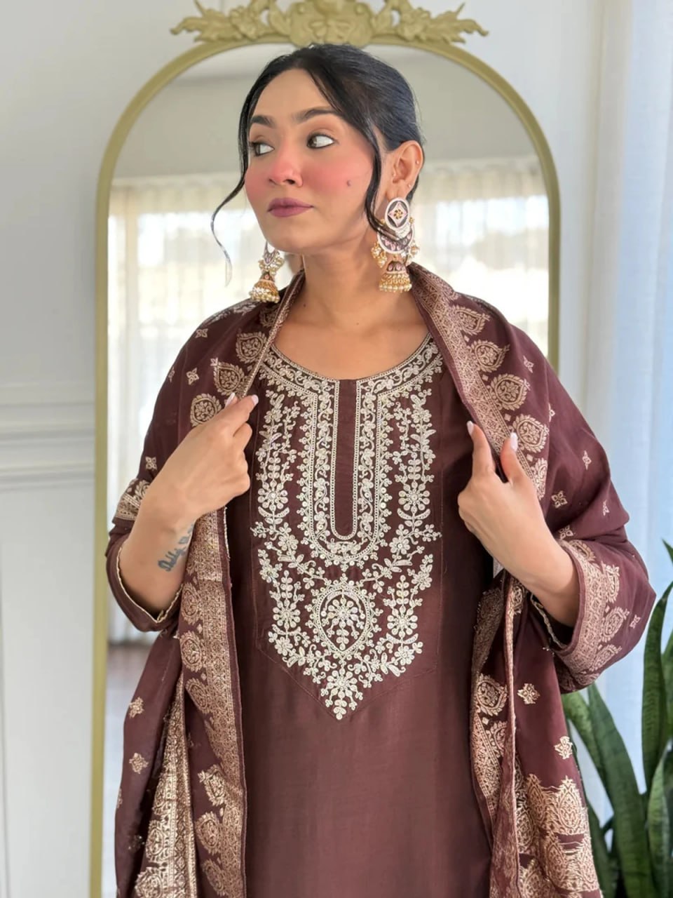 Premium Chocolate Brown Embroidered Cotton Blend Suit Set with Jacquard Dupatta
