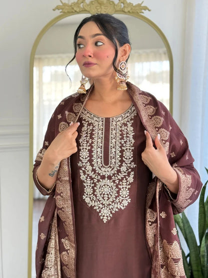Premium Chocolate Brown Embroidered Cotton Blend Suit Set with Jacquard Dupatta