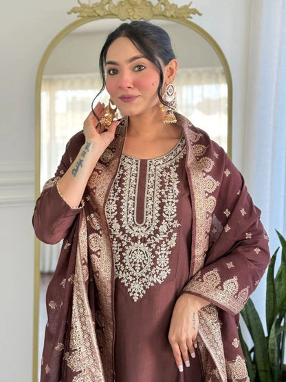 Premium Chocolate Brown Embroidered Cotton Blend Suit Set with Jacquard Dupatta