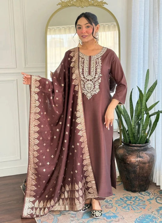Premium Chocolate Brown Embroidered Cotton Blend Suit Set with Jacquard Dupatta