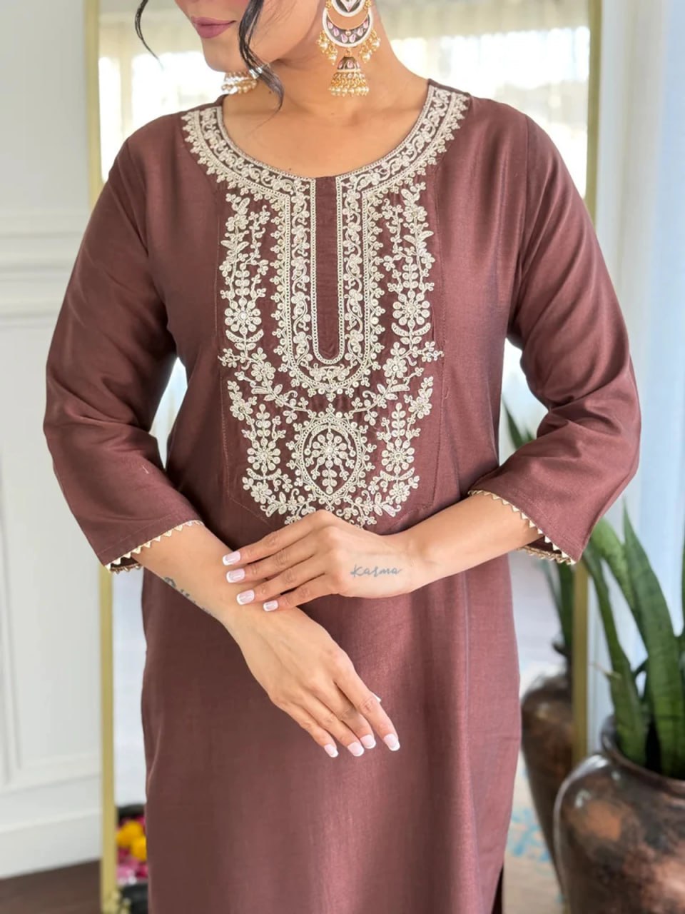 Premium Chocolate Brown Embroidered Cotton Blend Suit Set with Jacquard Dupatta
