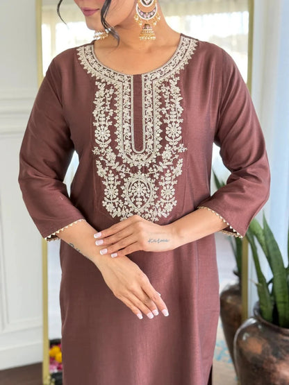 Premium Chocolate Brown Embroidered Cotton Blend Suit Set with Jacquard Dupatta