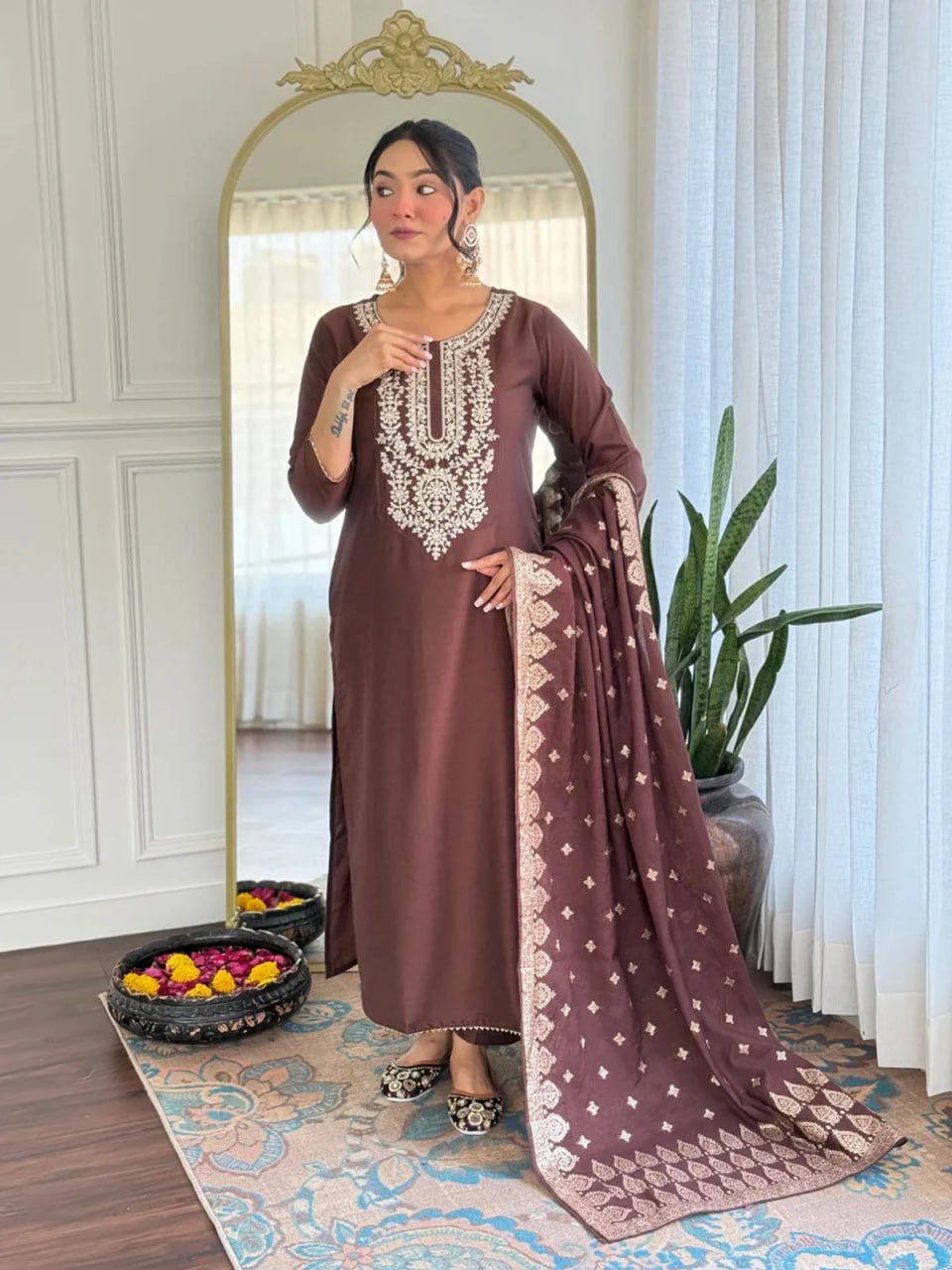 Premium Chocolate Brown Embroidered Cotton Blend Suit Set with Jacquard Dupatta