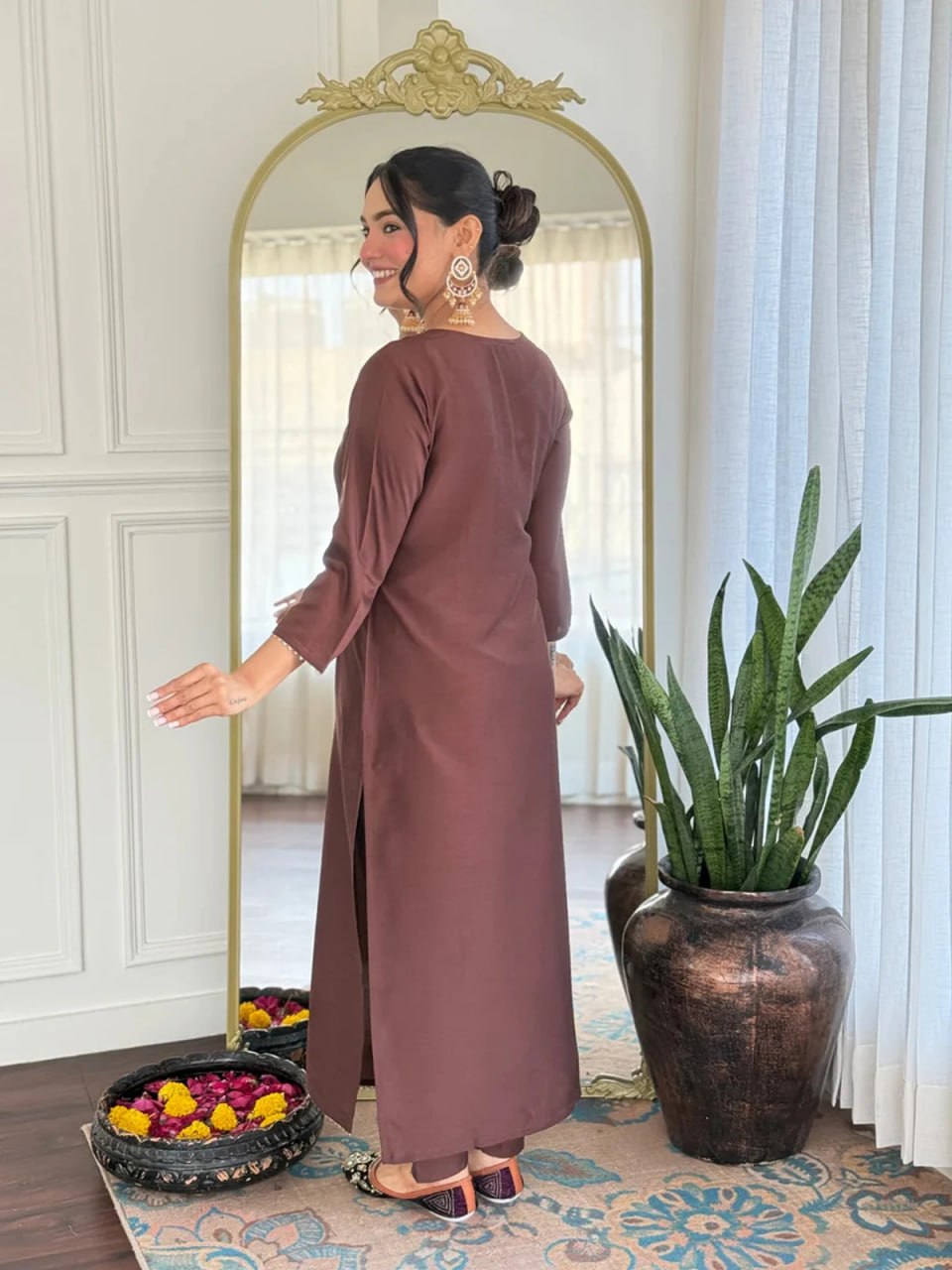 Premium Chocolate Brown Embroidered Cotton Blend Suit Set with Jacquard Dupatta