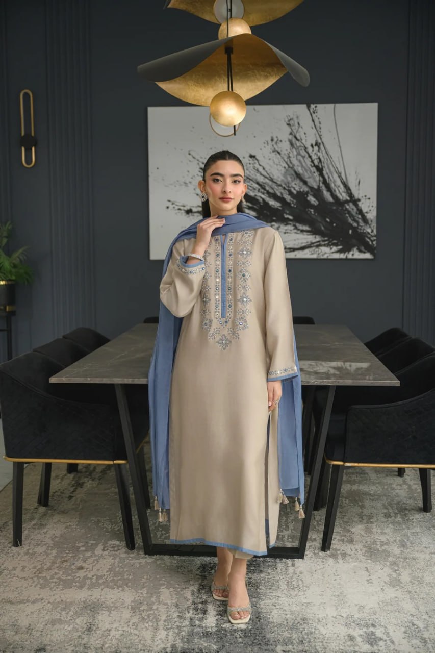 Premium Beige & Blue Embroidered Chanderi Silk Suit Set with Chinon Dupatta