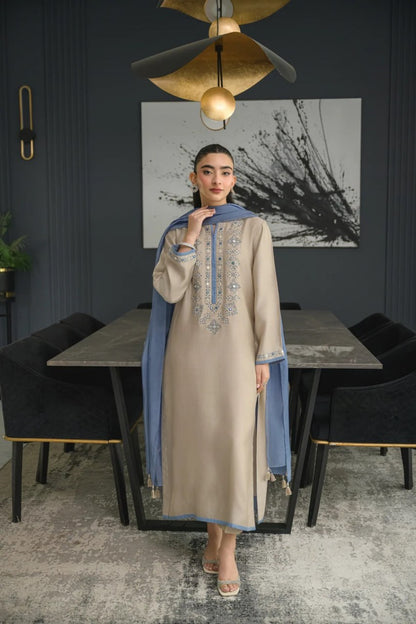 Premium Beige & Blue Embroidered Chanderi Silk Suit Set with Chinon Dupatta