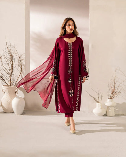 Premium Deep Maroon Geometric Embroidered Kurti & Pant Set with Dupatta
