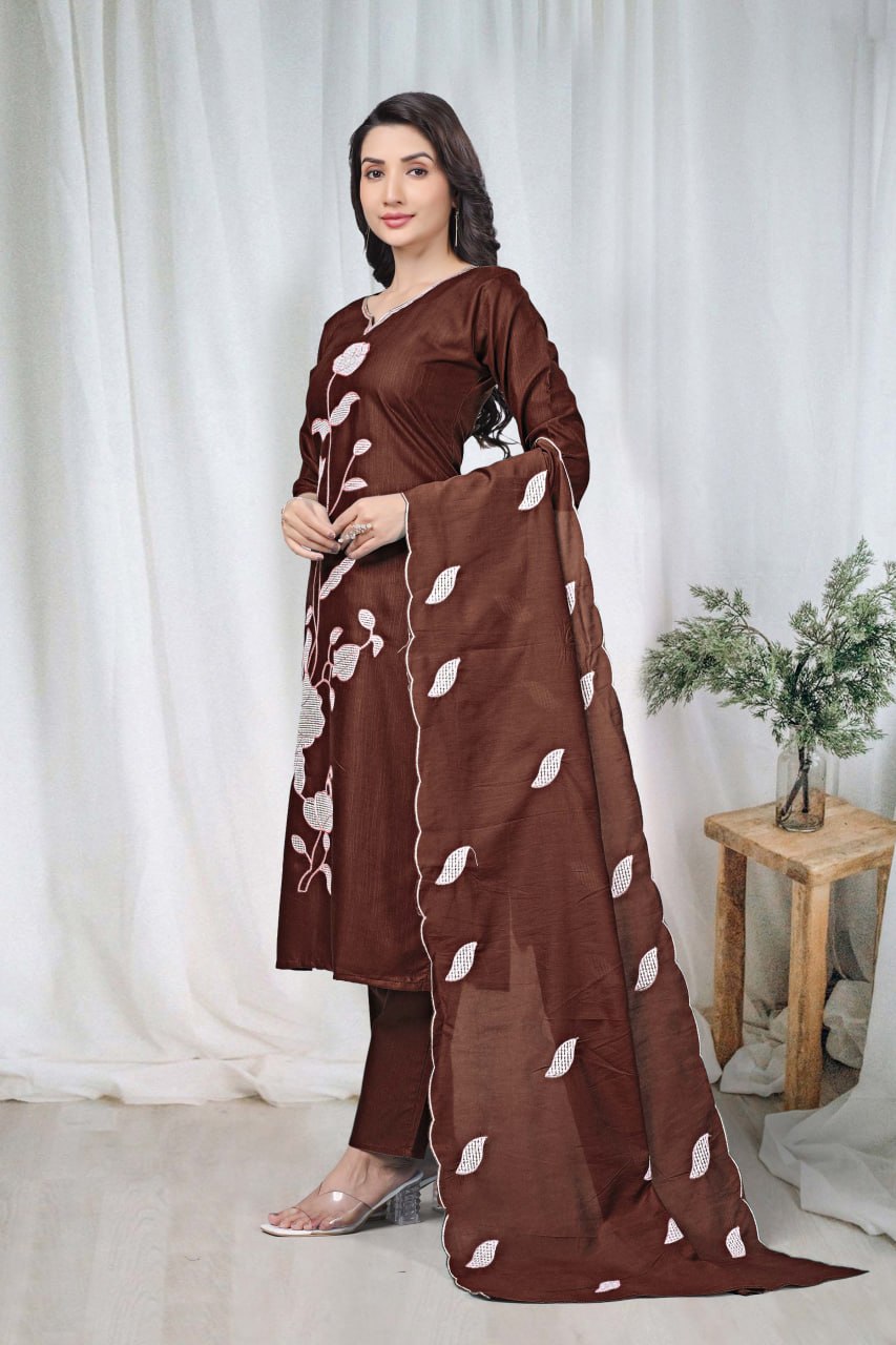 Premium Chocolate Brown Floral Embroidered Vertical Cotton Suit Set