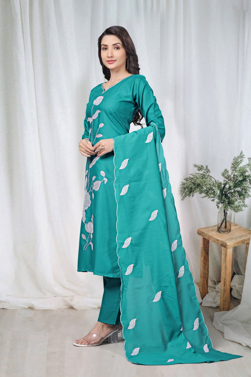 Premium Teal Green Floral Embroidered Vertical Cotton Suit Set