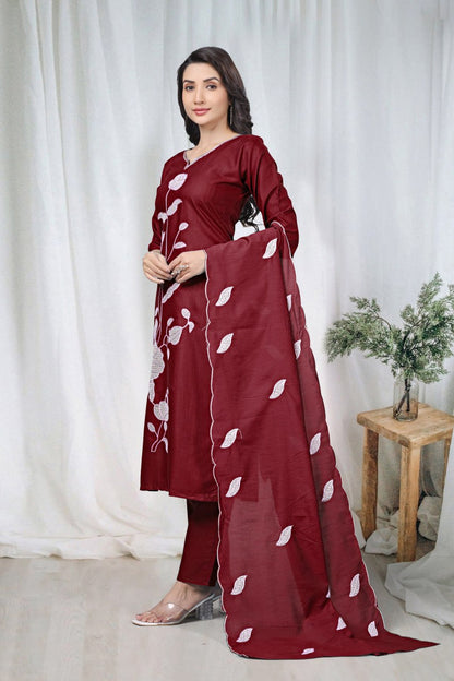 Premium Maroon Floral Embroidered Vertical Cotton Suit Set