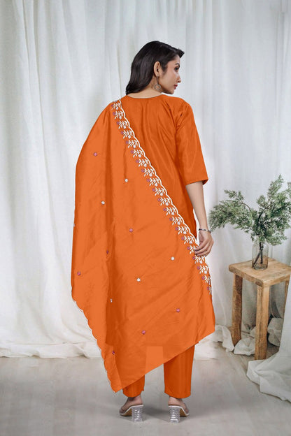 Premium Orange Embroidered Vertical Cotton Suit Set with Scalloped Dupatta
