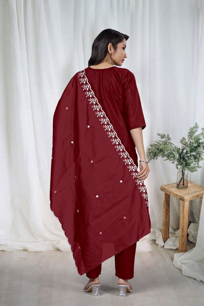 Premium Maroon Embroidered Vertical Cotton Suit Set with Scalloped Dupatta