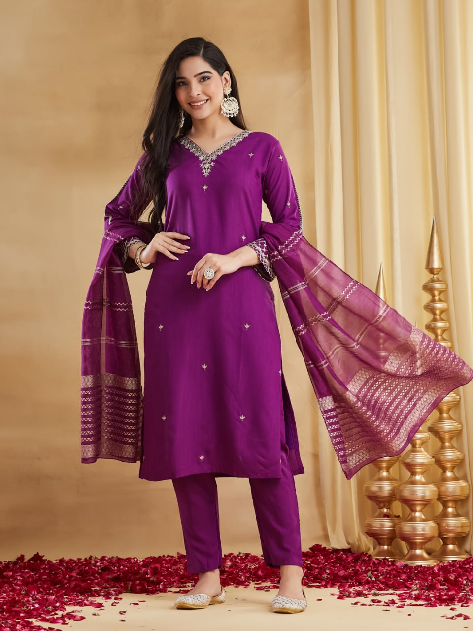 Premium Deep Purple Embroidered Viscose Rayon Suit Set with Chanderi Jacquard Dupatta