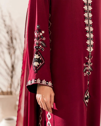 Premium Deep Maroon Geometric Embroidered Kurti & Pant Set with Dupatta