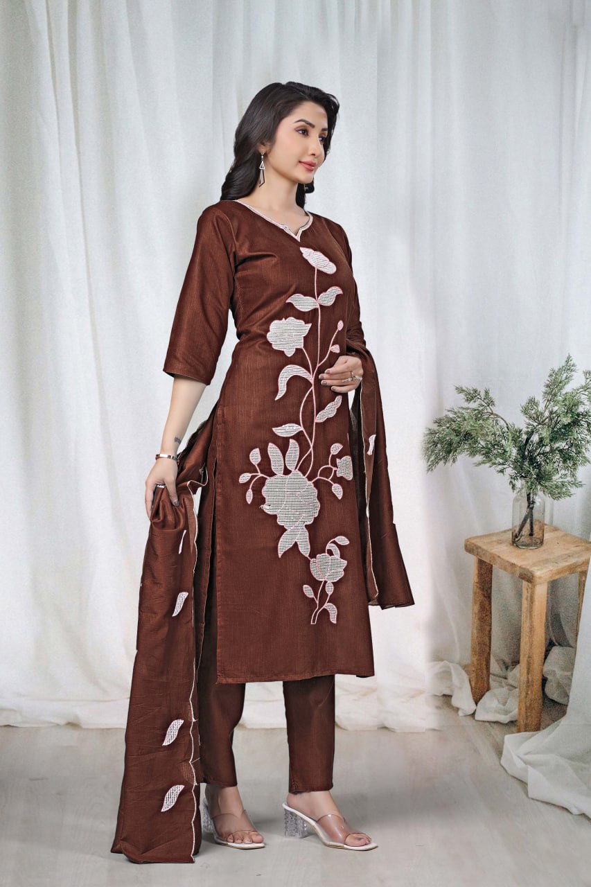 Premium Chocolate Brown Floral Embroidered Vertical Cotton Suit Set