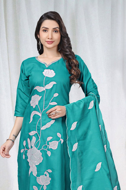 Premium Teal Green Floral Embroidered Vertical Cotton Suit Set