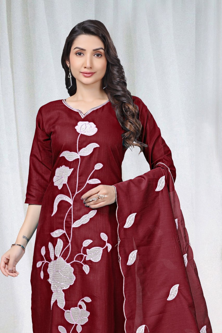 Premium Maroon Floral Embroidered Vertical Cotton Suit Set