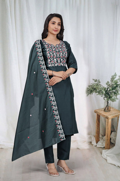 Premium Dark Green Embroidered Vertical Cotton Suit Set with Scalloped Dupatta