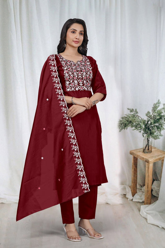 Premium Maroon Embroidered Vertical Cotton Suit Set with Scalloped Dupatta