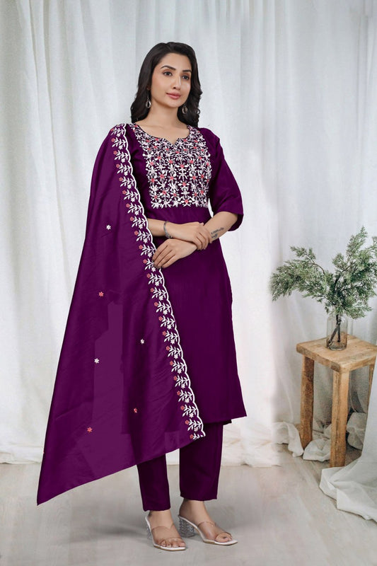 Premium Deep Purple Embroidered Vertical Cotton Suit Set with Scalloped Dupatta