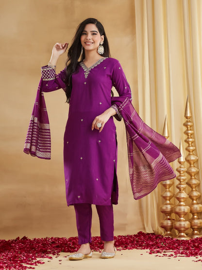 Premium Deep Purple Embroidered Viscose Rayon Suit Set with Chanderi Jacquard Dupatta