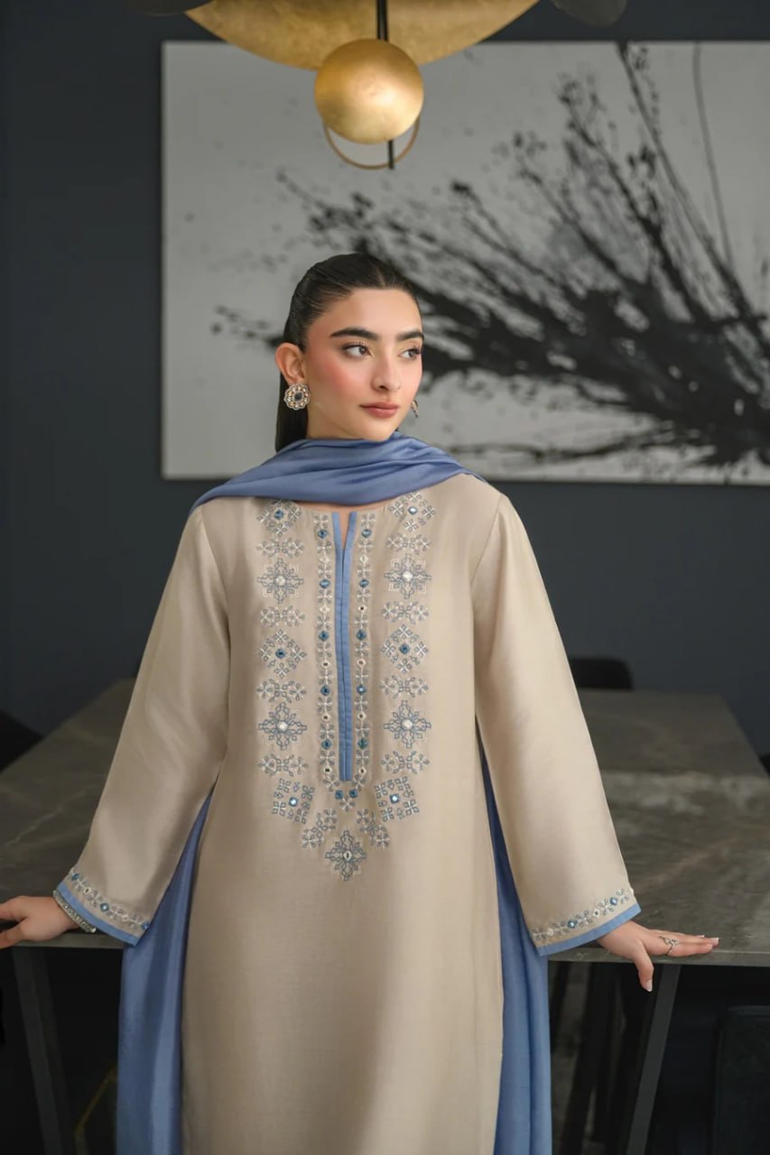 Premium Beige & Blue Embroidered Chanderi Silk Suit Set with Chinon Dupatta