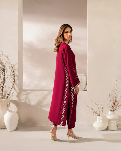 Premium Deep Maroon Geometric Embroidered Kurti & Pant Set with Dupatta