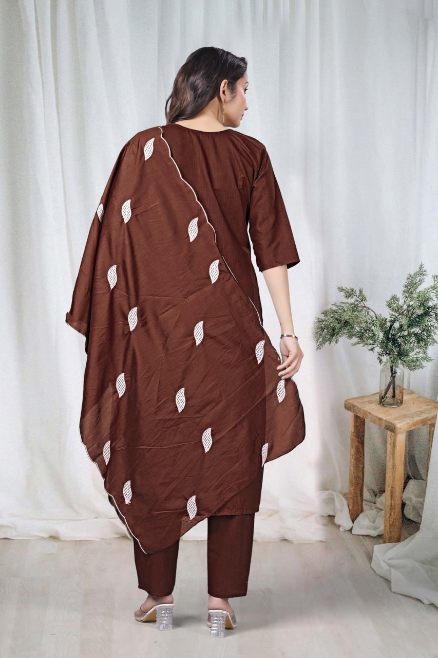 Premium Chocolate Brown Floral Embroidered Vertical Cotton Suit Set