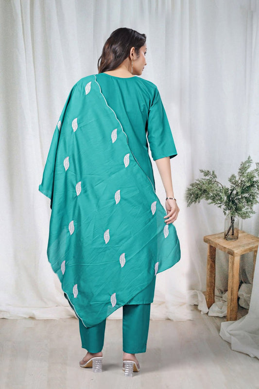 Premium Teal Green Floral Embroidered Vertical Cotton Suit Set