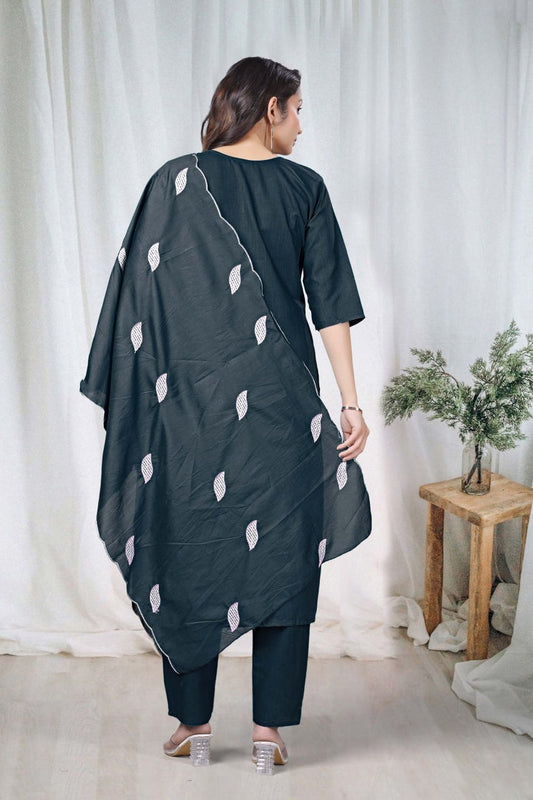 Premium Charcoal Black Floral Embroidered Vertical Cotton Suit Set