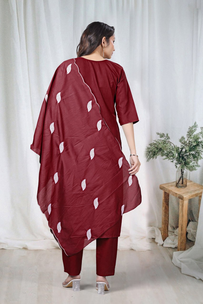 Premium Maroon Floral Embroidered Vertical Cotton Suit Set